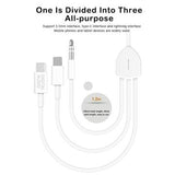 MH045S 3-i-1 AUX Bilkabel – USB-C, Lightning & 3.5mm Jack – Hvid