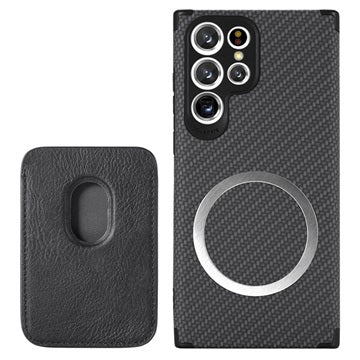 Samsung Galaxy S22 Ultra 5G Magnetisk Cover med Kortholder - Karbonfiber - Sort