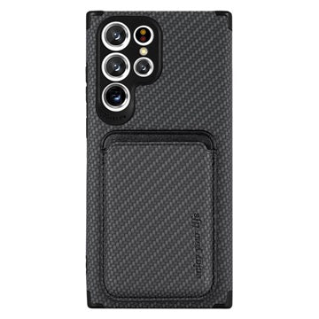 Samsung Galaxy S22 Ultra 5G Magnetisk Cover med Kortholder - Karbonfiber - Sort