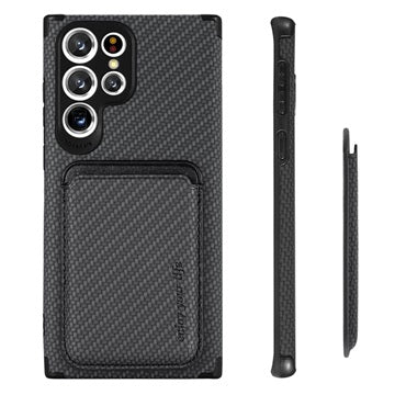 Samsung Galaxy S22 Ultra 5G Magnetisk Cover med Kortholder - Karbonfiber - Sort