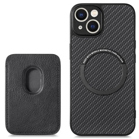 iPhone 14 Magnetisk Cover med Kortholder - Karbonfiber - Sort