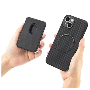 iPhone 14 Magnetisk Cover med Kortholder - Karbonfiber - Sort