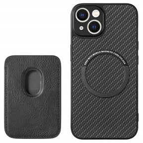 iPhone 15 Plus Magnetisk Cover med Kortholder - Karbonfiber - Sort