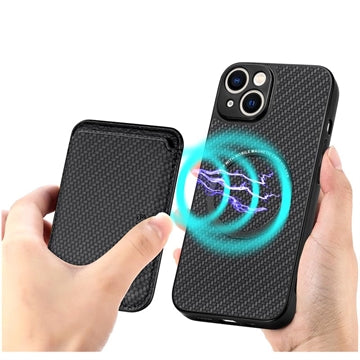 iPhone 15 Plus Magnetisk Cover med Kortholder - Karbonfiber - Sort
