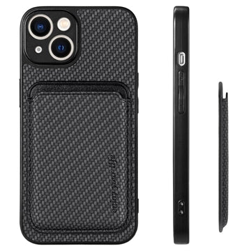 iPhone 15 Plus Magnetisk Cover med Kortholder - Karbonfiber - Sort