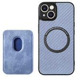 iPhone 15 Plus Magnetisk Cover med Kortholder - Karbonfiber - Blå