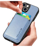 iPhone 15 Plus Magnetisk Cover med Kortholder - Karbonfiber - Blå