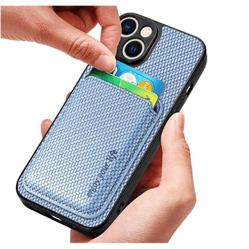 iPhone 15 Plus Magnetisk Cover med Kortholder - Karbonfiber - Blå