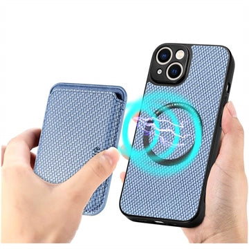 iPhone 15 Plus Magnetisk Cover med Kortholder - Karbonfiber - Blå