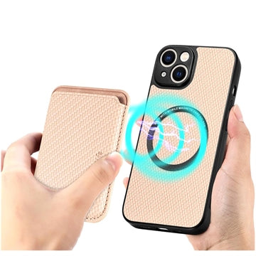 iPhone 15 Plus Magnetisk Cover med Kortholder - Karbonfiber - Kaki