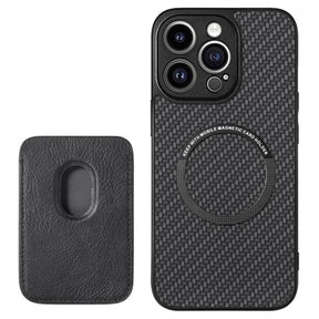 iPhone 15 Pro Magnetisk Cover med Kortholder - Karbonfiber - Sort