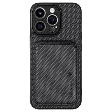 iPhone 15 Pro Magnetisk Cover med Kortholder - Karbonfiber - Sort