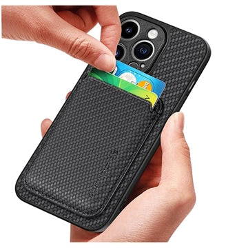 iPhone 15 Pro Magnetisk Cover med Kortholder - Karbonfiber - Sort