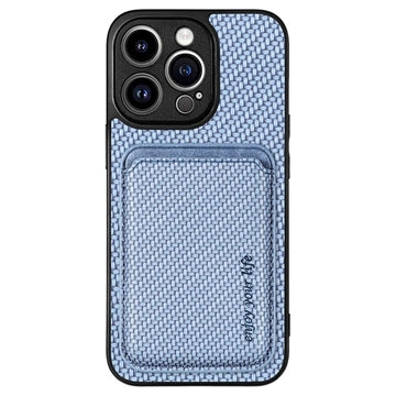 iPhone 15 Pro Magnetisk Cover med Kortholder - Karbonfiber - Blå