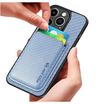 iPhone 15 Pro Magnetisk Cover med Kortholder - Karbonfiber - Blå