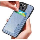 iPhone 15 Pro Magnetisk Cover med Kortholder - Karbonfiber - Blå