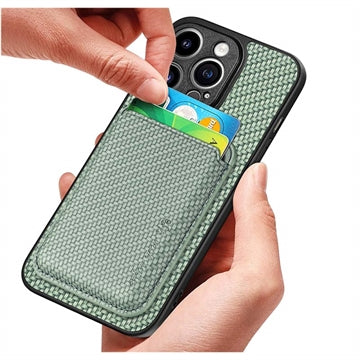 iPhone 15 Pro Magnetisk Cover med Kortholder - Karbonfiber - Grøn