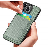 iPhone 15 Pro Magnetisk Cover med Kortholder - Karbonfiber - Grøn