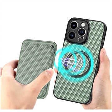 iPhone 15 Pro Magnetisk Cover med Kortholder - Karbonfiber - Grøn