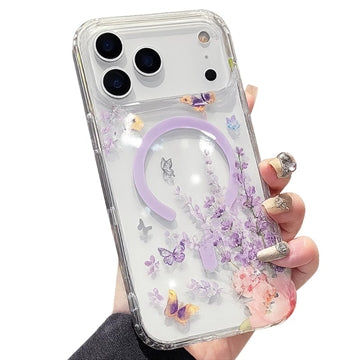 iPhone 17 Pro Max magnetisk cover med indlejrede rhinsten - sommerfugle
