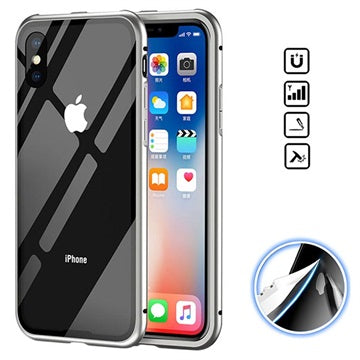 iPhone X Magnetisk Cover med Skærmbeskyttelse Hærdet Glas til Bagsiden - Grå