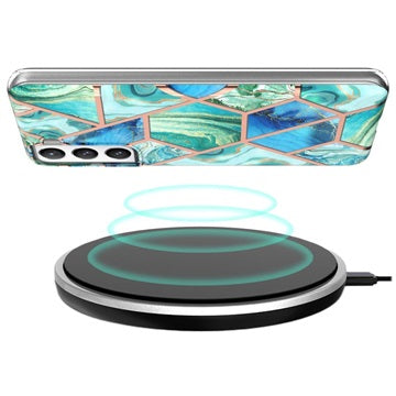 Marble Pattern Electroplated IMD Samsung Galaxy S21 FE 5G TPU Cover - Grøn