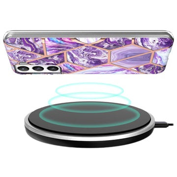 Marmormønster Galvaniseret IMD Samsung Galaxy S21 FE 5G TPU Cover - Lilla