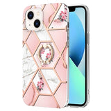 iPhone 15 Marble Pattern IMD TPU Cover med Ring Holder - Pink / Hvid