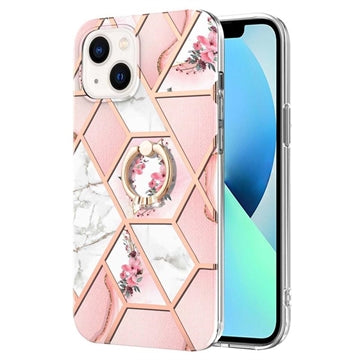 iPhone 15 Marble Pattern IMD TPU Cover med Ring Holder - Pink / Hvid