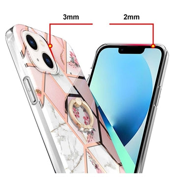 iPhone 15 Marble Pattern IMD TPU Cover med Ring Holder - Pink / Hvid
