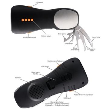 Multifunktionel lommelygte med håndsving og FM-radio, værktøjssæt, powerbank - sort