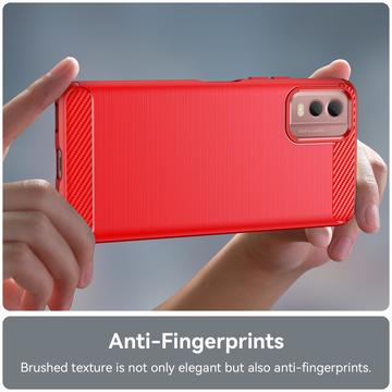 Nokia C32 Børstet TPU Cover - Karbonfiber - Rød