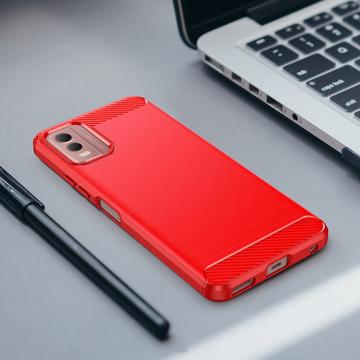 Nokia C32 Børstet TPU Cover - Karbonfiber - Rød