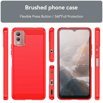 Nokia C32 Børstet TPU Cover - Karbonfiber - Rød