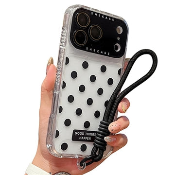 iPhone 17 Pro Max PC / TPU Cover med linsefilm og rem - Polka Dot - Sort