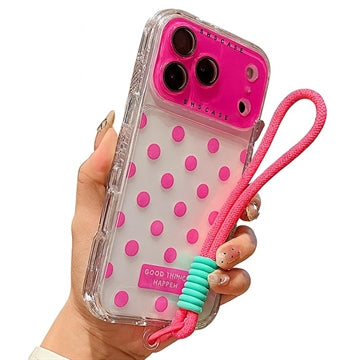 iPhone 17 Pro PC / TPU Cover med linsefilm og rem - Polka Dot - Hot Pink