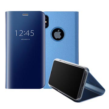 iPhone X / iPhone XS Luksus Series Mirror View Flip Cover - Blå