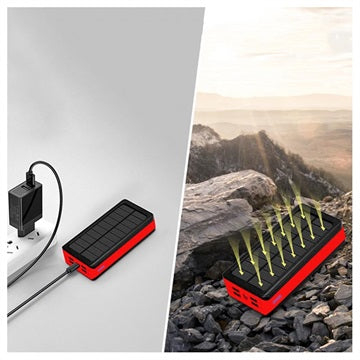 Psooo PS-400 Solcelle Powerbank - 4xUSB-A, 30000mAh - Rød