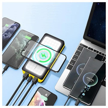 Psooo PS-406 Solcelle Powerbank/Trådløs Oplader - 20000mAh - Gul