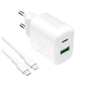 Puro Prolite 20W dobbeltport-oplader med USB-C-kabel - hvid
