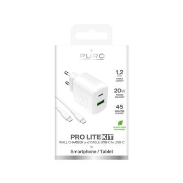 Puro Prolite 20W dobbeltport-oplader med USB-C-kabel - hvid