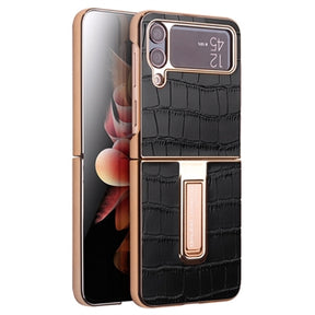 Qialino Croco Samsung Galaxy Z Flip4 Læder Dækket Cover - Sort