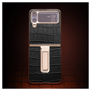 Qialino Croco Samsung Galaxy Z Flip4 Læder Dækket Cover - Sort