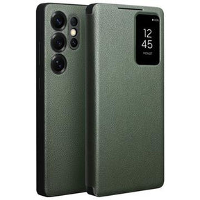 Samsung Galaxy S25 Ultra Qialino Smart View Flip Lædercover - Grøn