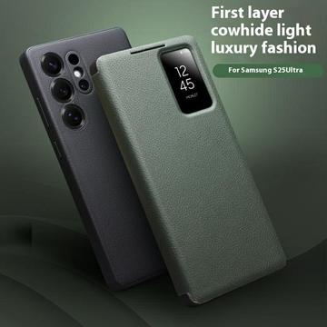 Samsung Galaxy S25 Ultra Qialino Smart View Flip Lædercover - Grøn
