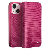 Qialino iPhone 15 Plus Læderpung - Krokodille - Hot Pink