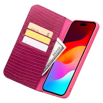 Qialino iPhone 15 Pro Max Læderpung - Krokodille - Hot Pink