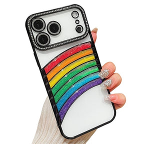 iPhone 17 Pro Max Regnbue Kviksand Hybrid Cover med Rhinestone-kameradekor - Sort