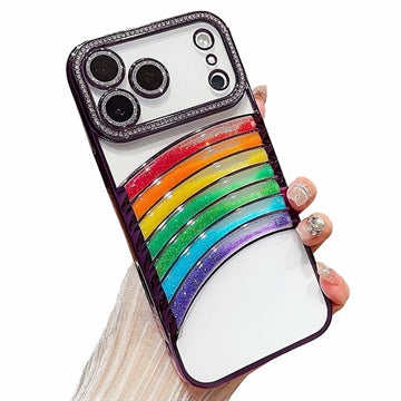 iPhone 17 Pro Max Regnbue Kviksand Hybrid Cover med Rhinestone-kameradekor - Lilla