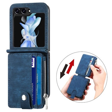 Samsung Galaxy Z Flip5 Retro Belagt Cover med Pung - Blå